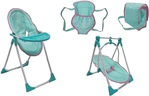 KOOKAMUNGA KIDS 5 in 1 Baby Doll High Chair Playset - Baby Doll Accessories - Baby Doll Playset w/Feeding Tray Transforms Into a Doll Carrier, Doll Swing w/Changing Bag and Back/Front Doll Carrier