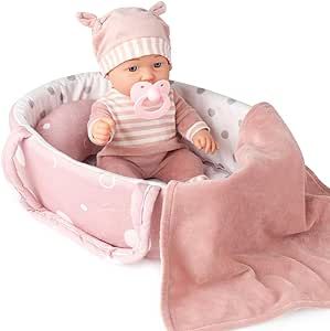 Enjoyin 12'' Baby Doll Playset with Washable Doll Accessories Includes Carrier Bassinet Bed, Pacifier, Blanket, and Pillow, First Baby Dolls for Toddlers 36 Months and Up