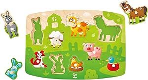 Hape Farmyard Peg Puzzle | 10 Piece Wooden Animal Peg Jigsaw Puzzle Game, Learning Toy for Toddlers, Multicolor, 5'' x 2''