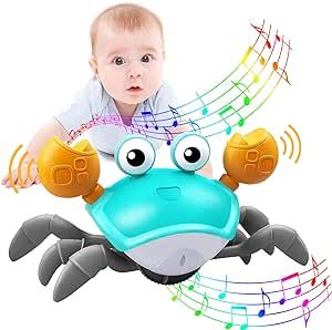 Plnmlls Crawling Crab Baby Toy,Tummy Time Baby Toys with Music and LED Light Will Automatically Avoid Obstacles,Build in Rechargeable Battery for Toddler Interactive Development Toy