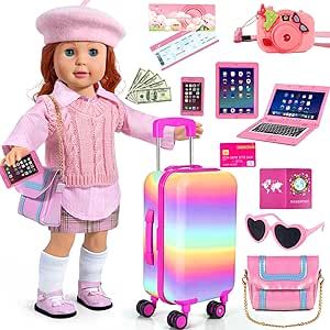 WONDOLL 18-inch-Doll-Clothes and Accessories - Doll-Travel-Suitcase Luggage, Doll-Clothes and Shoes, Bag, Sunglasses, Camera, Passport, Notebook, Phone, pad Doll Travel Gear Play Set Fit 18 inch Doll