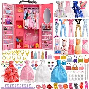 87 Doll Clothes and Accessories with Doll Closet Wardrobe for 11.5 Inch Doll Fashion Design Kit Girl Doll Dress Up Including Wedding Dress Outfits Tops and Pants Shoes Hangers Bags Lipstick Perfume